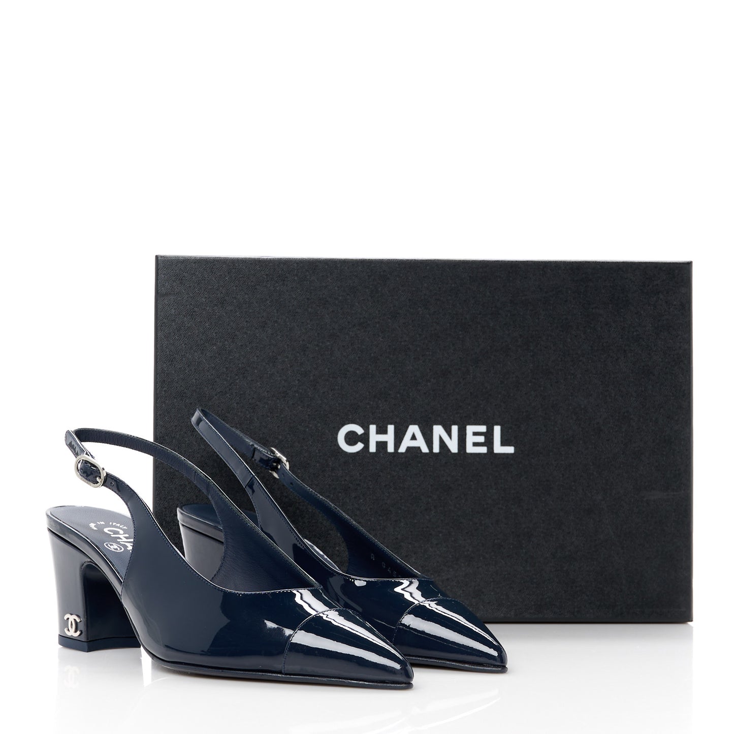 Patent Calfskin Cap Toe CC Slingback Pumps 35 Navy Blue