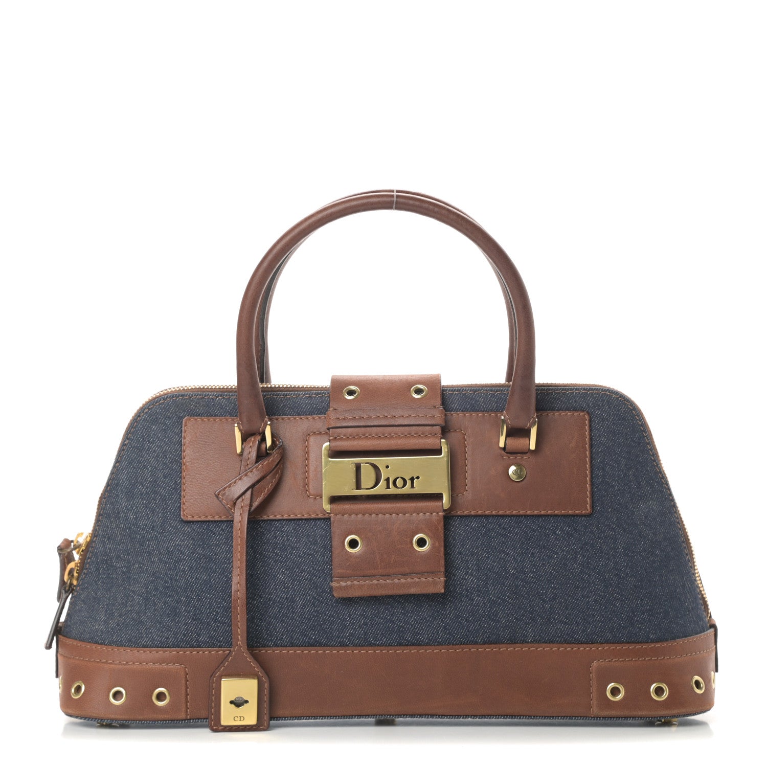 Christian Dior Denim Calfskin Street Chic Top Handle Bag Blue Brown 1 of 17