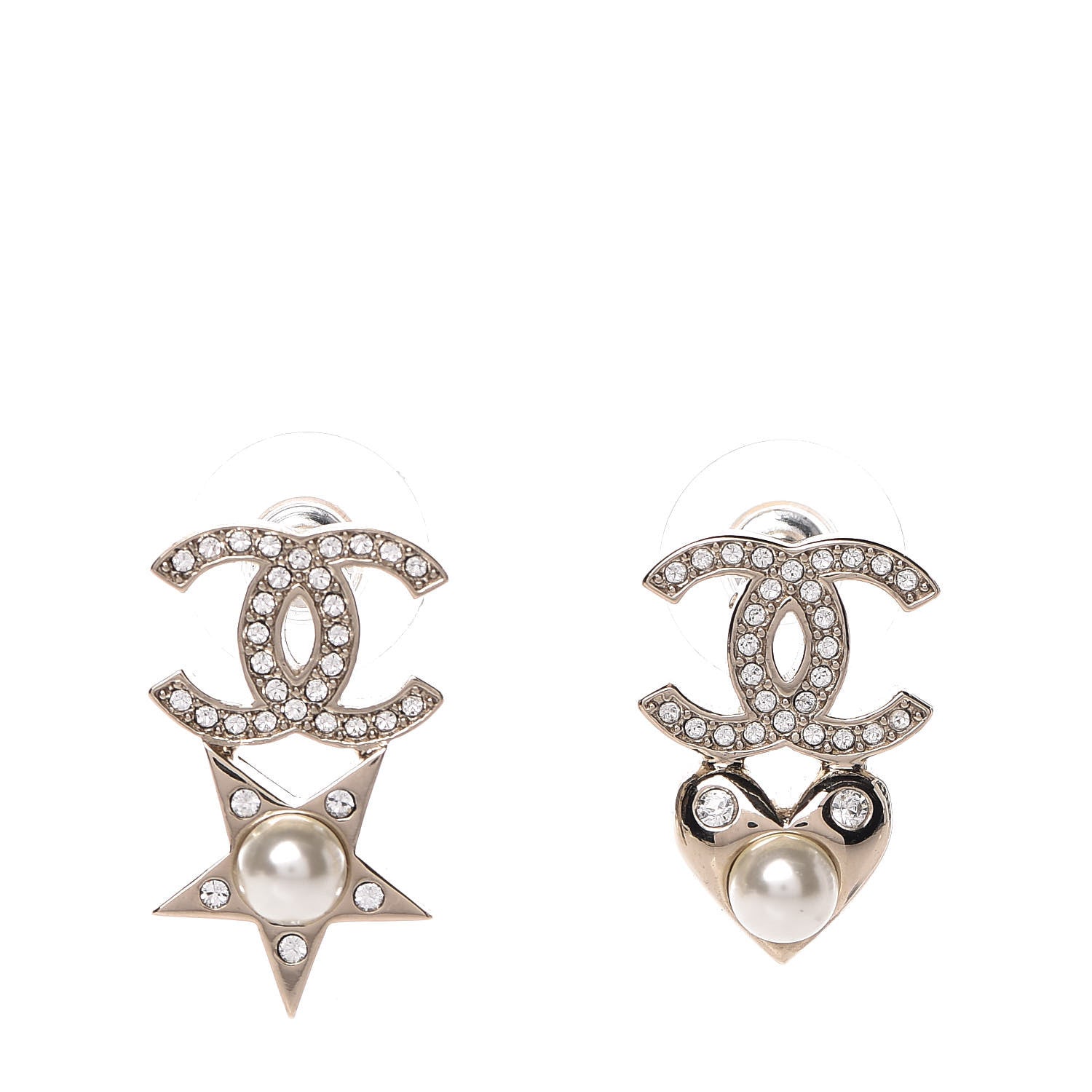 Chanel Crystal Pearl Charming Winter CC Star Heart Earrings Gold 1 of 4