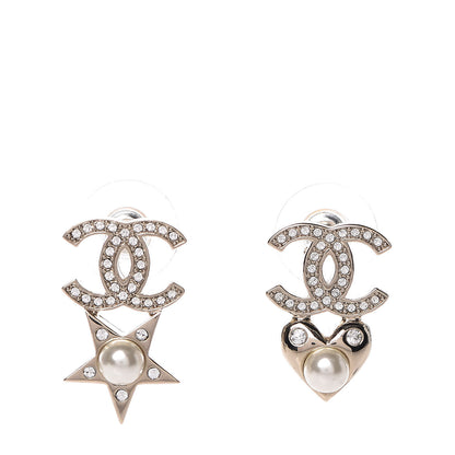 Chanel Crystal Pearl Charming Winter CC Star Heart Earrings Gold 1 of 4