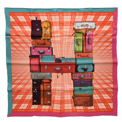 Hermes Silk H En Voyage Scarf 70 Bleu Canard Rose Vif Corail 1 of 5