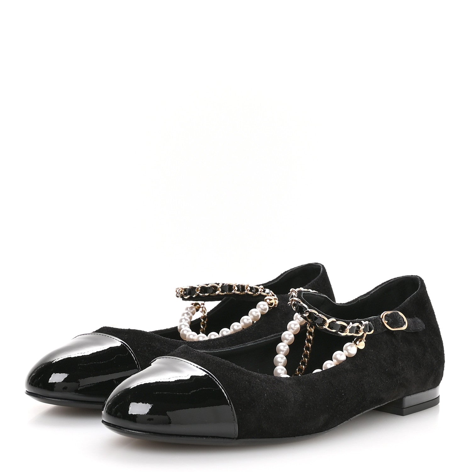 Chanel Shiny Lambskin Pearl Cap Toe Ankle Chain Ballerina Flats 40 Black 4 of 9