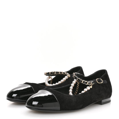 Chanel Shiny Lambskin Pearl Cap Toe Ankle Chain Ballerina Flats 40 Black 4 of 9