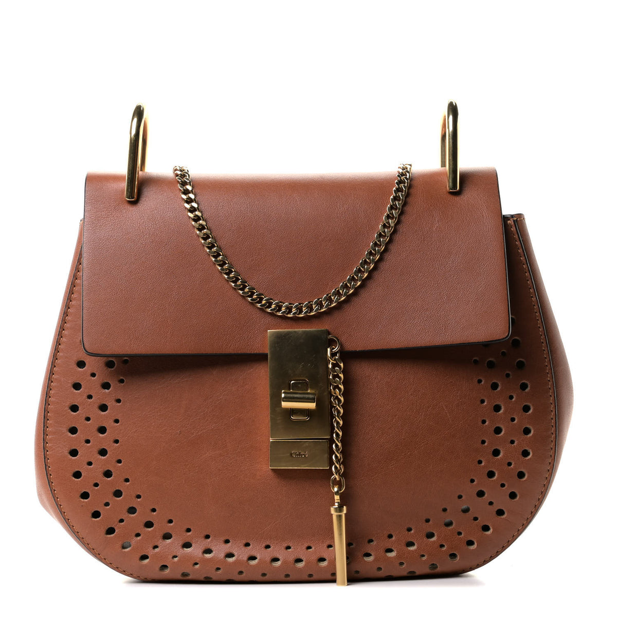 Calfskin Perforated Mini Drew Shoulder Bag Caramel