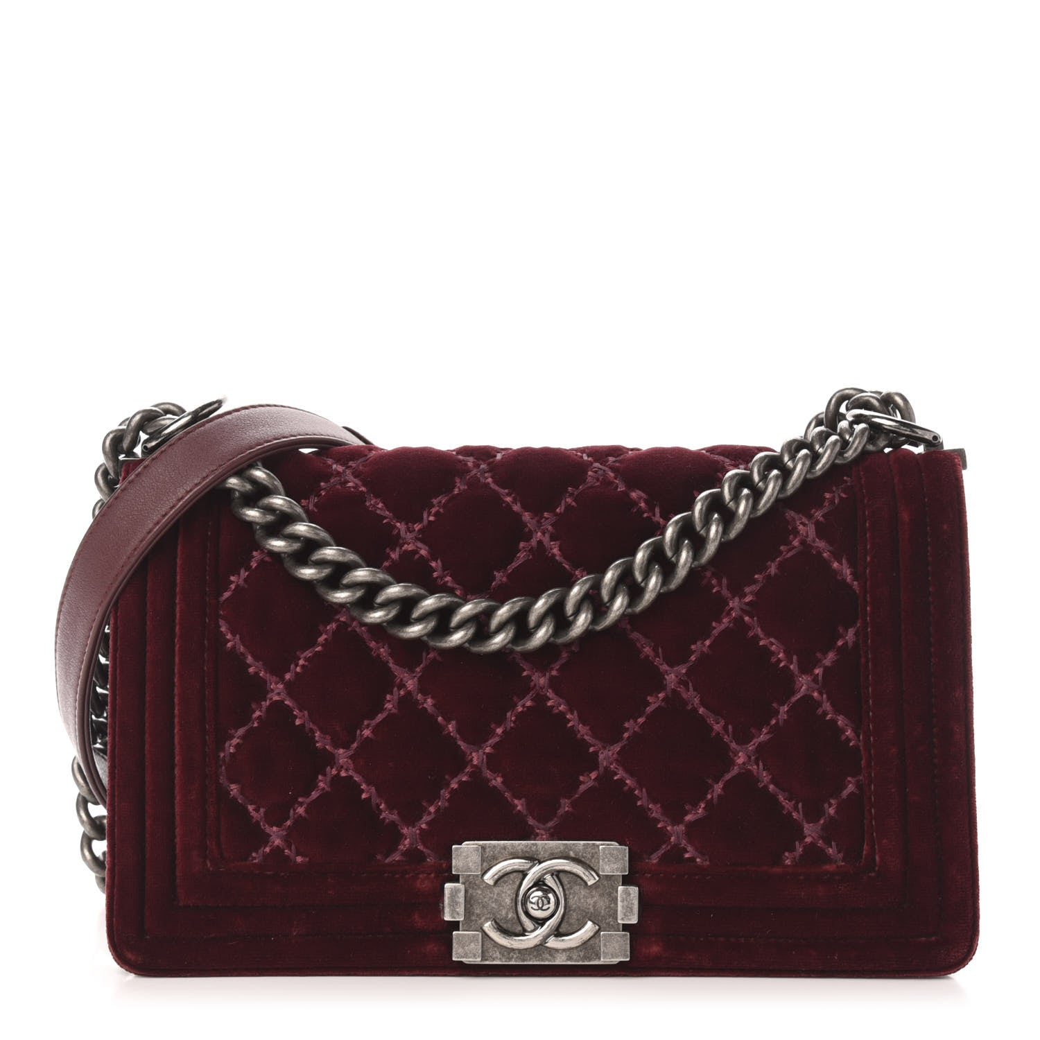 Chanel Velvet Tweed Quilted Medium Boy Flap Burgundy 1 of 12