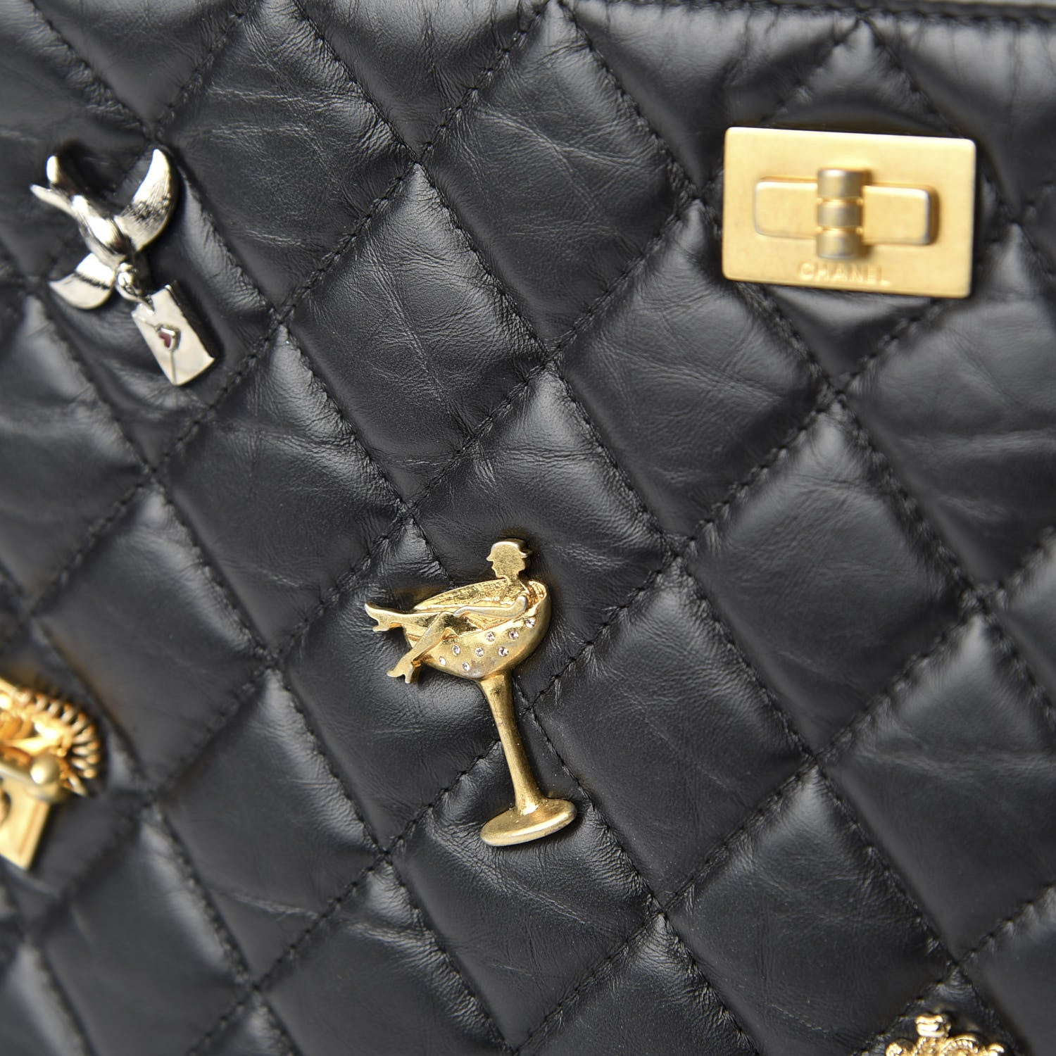 Chanel Aged Calfskin Quilted Medium Lucky Charms Cosmetic Case Black 8 of 8