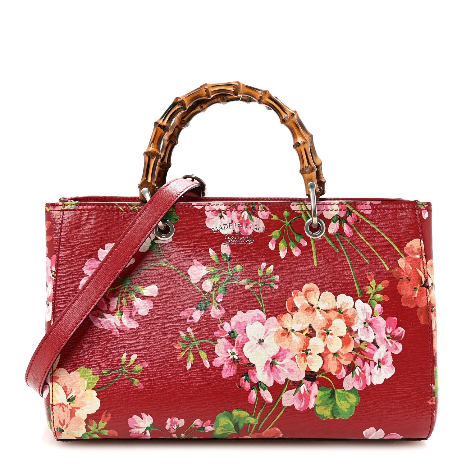 Gucci Shangai Calfskin Blooms Print Medium Bamboo Shopper Tote Red Multicolor 1 of 10