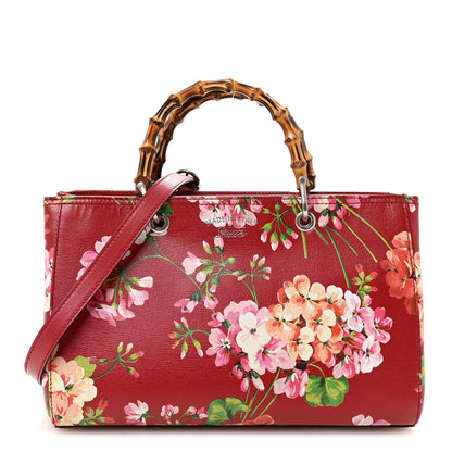 Gucci Shangai Calfskin Blooms Print Medium Bamboo Shopper Tote Red Multicolor 1 of 10