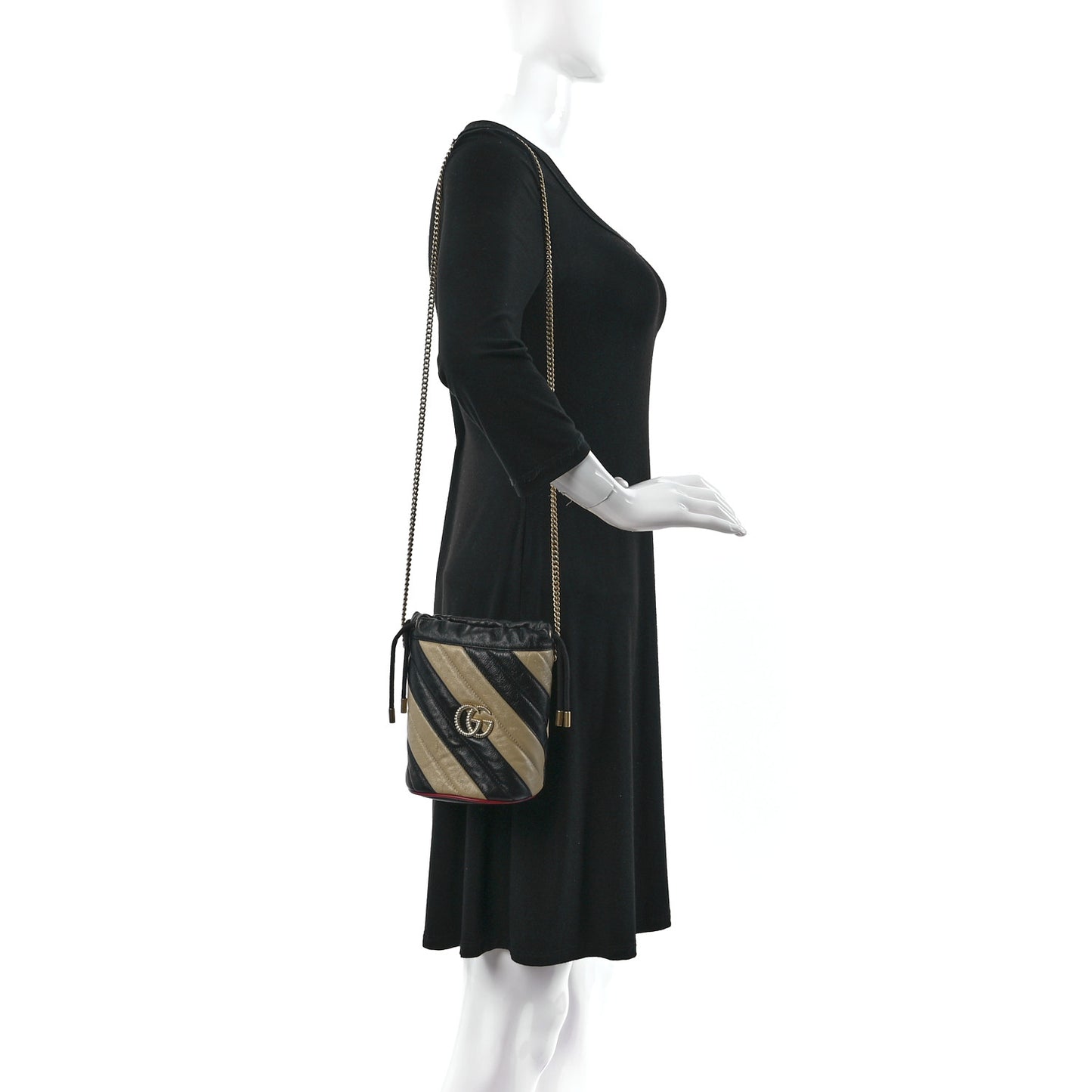 Azalea Calfskin Matelasse Diagonal Patchwork Mini Torchon GG Marmont 2.0 Bucket Bag Black Beige Romantic Cerise