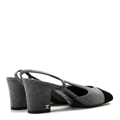 Chanel Wool Velvet Cap Toe CC Slingback Pumps 39 Black Grey 4 of 10