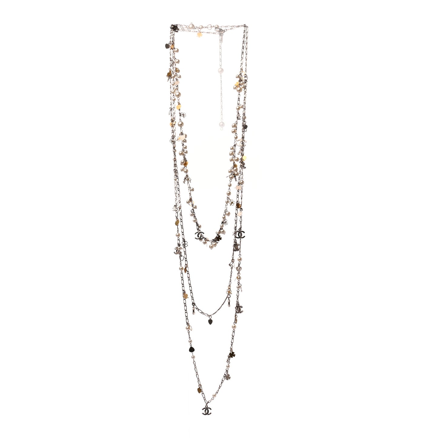 Pearl CC Lucky Charms Long Necklace Silver