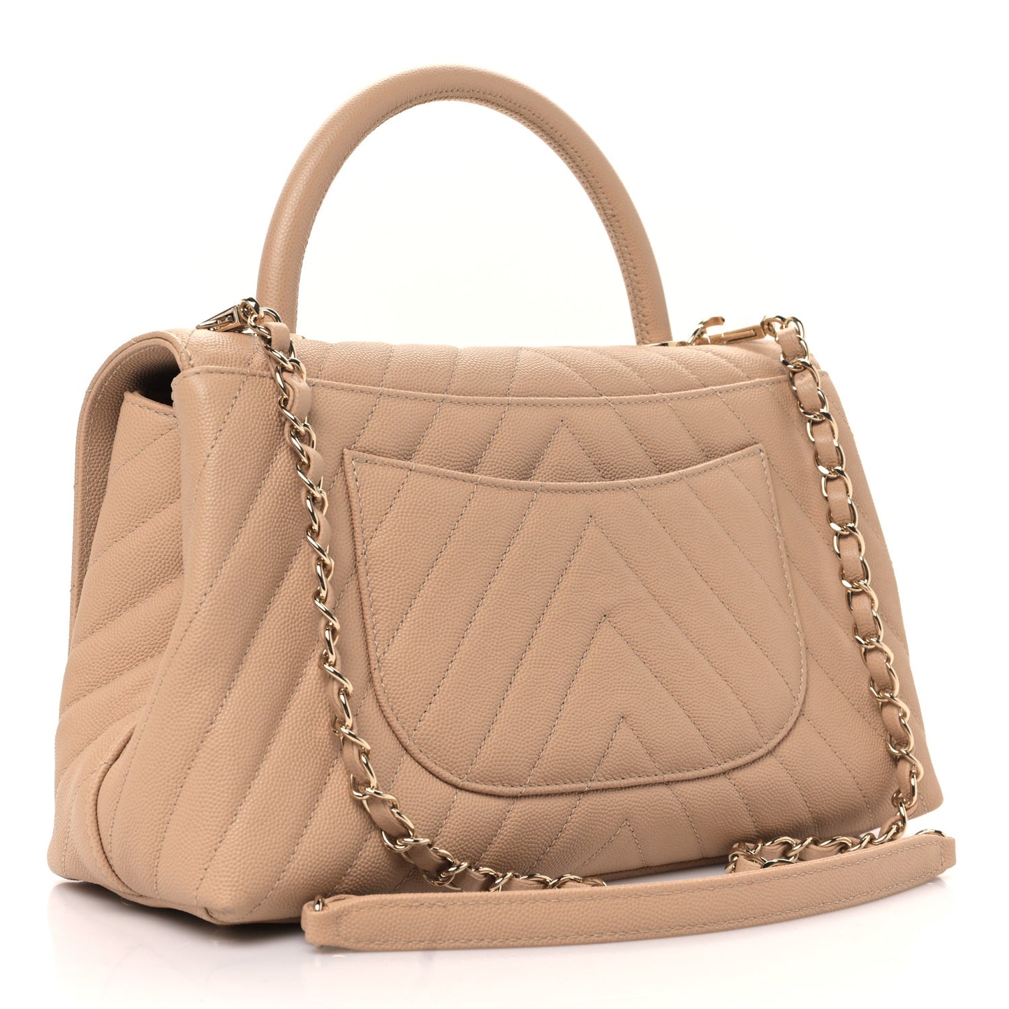 Caviar Chevron Quilted Small Coco Handle Flap Beige