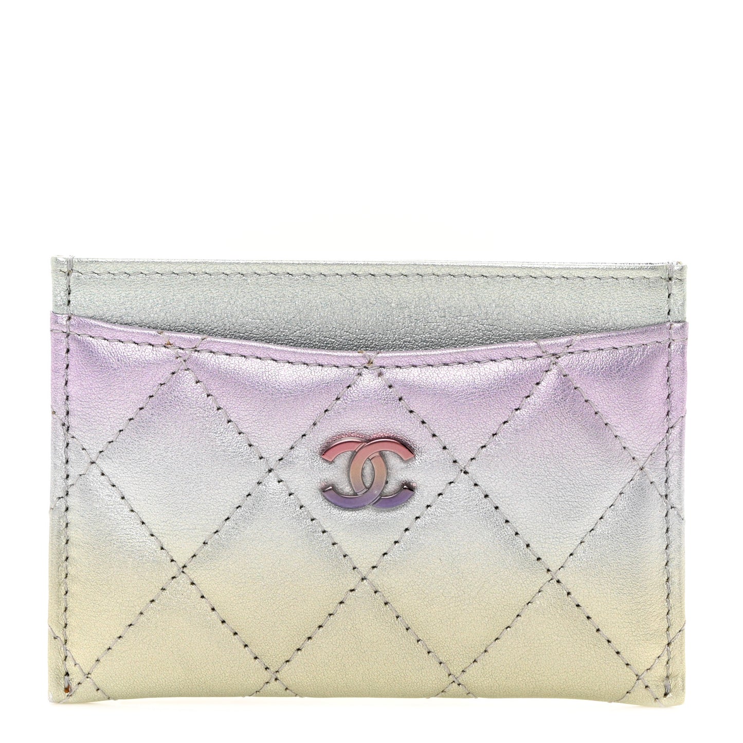 Gradient Metallic Calfskin Quilted Card Holder Silver Blue Yellow Purple