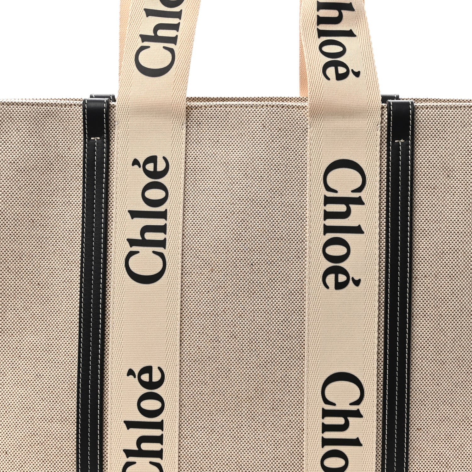 Chloe Cotton Calfskin Large Woody Ribbon Tote White Black 7 of 9