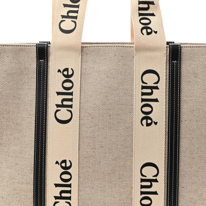 Chloe Cotton Calfskin Large Woody Ribbon Tote White Black 7 of 9