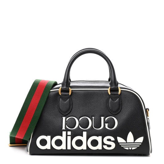 X ADIDAS Textured Dollar Calfskin Web Trefoil Logo Embossed Mini Bowling Bag Black Off White