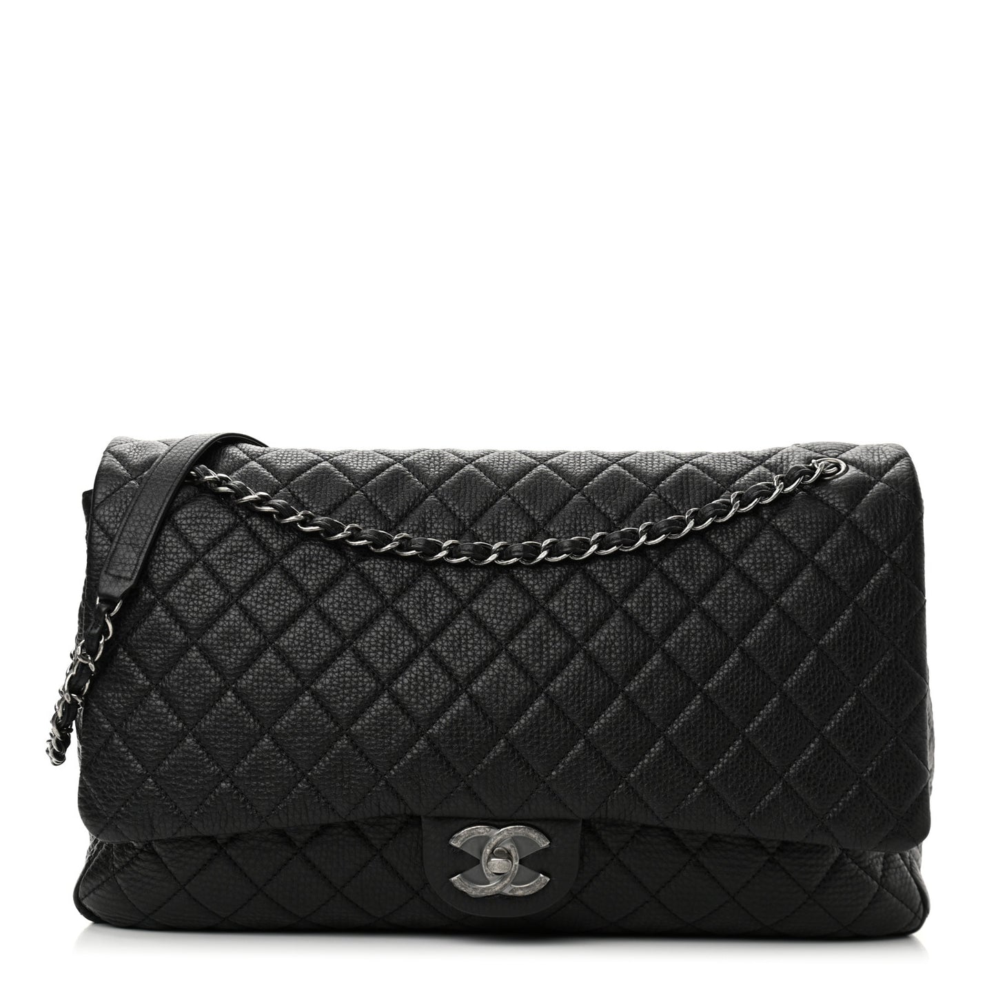 Calfskin Quilted XXL Travel Flap Bag Black
