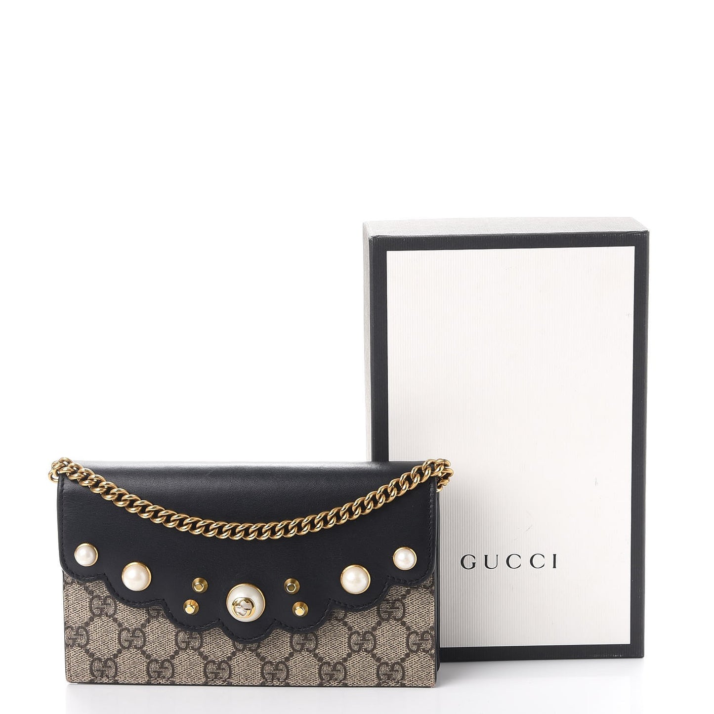 GG Supreme Monogram Mini Peony Pearly Wallet on Chain Black