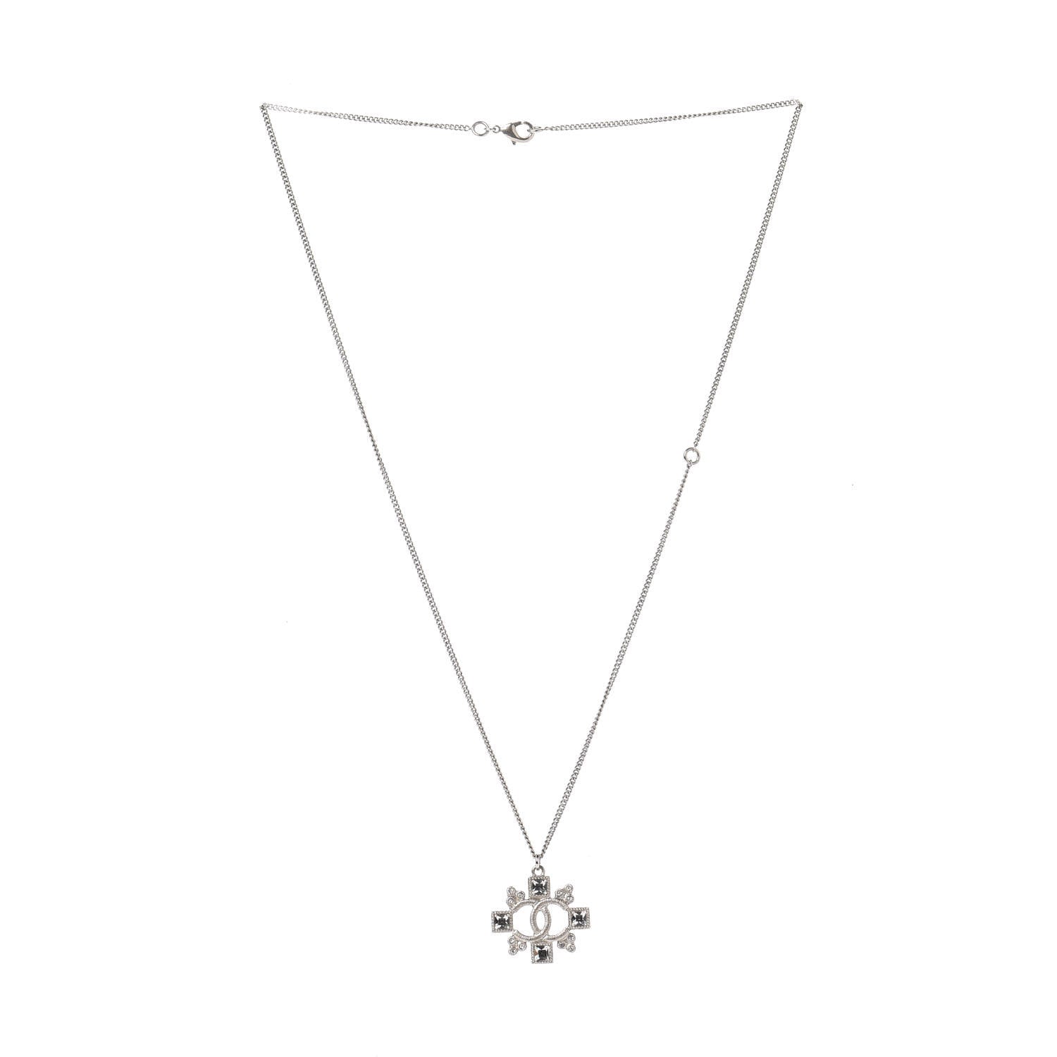 Chanel Crystal CC Pendant Necklace Silver 2 of 4