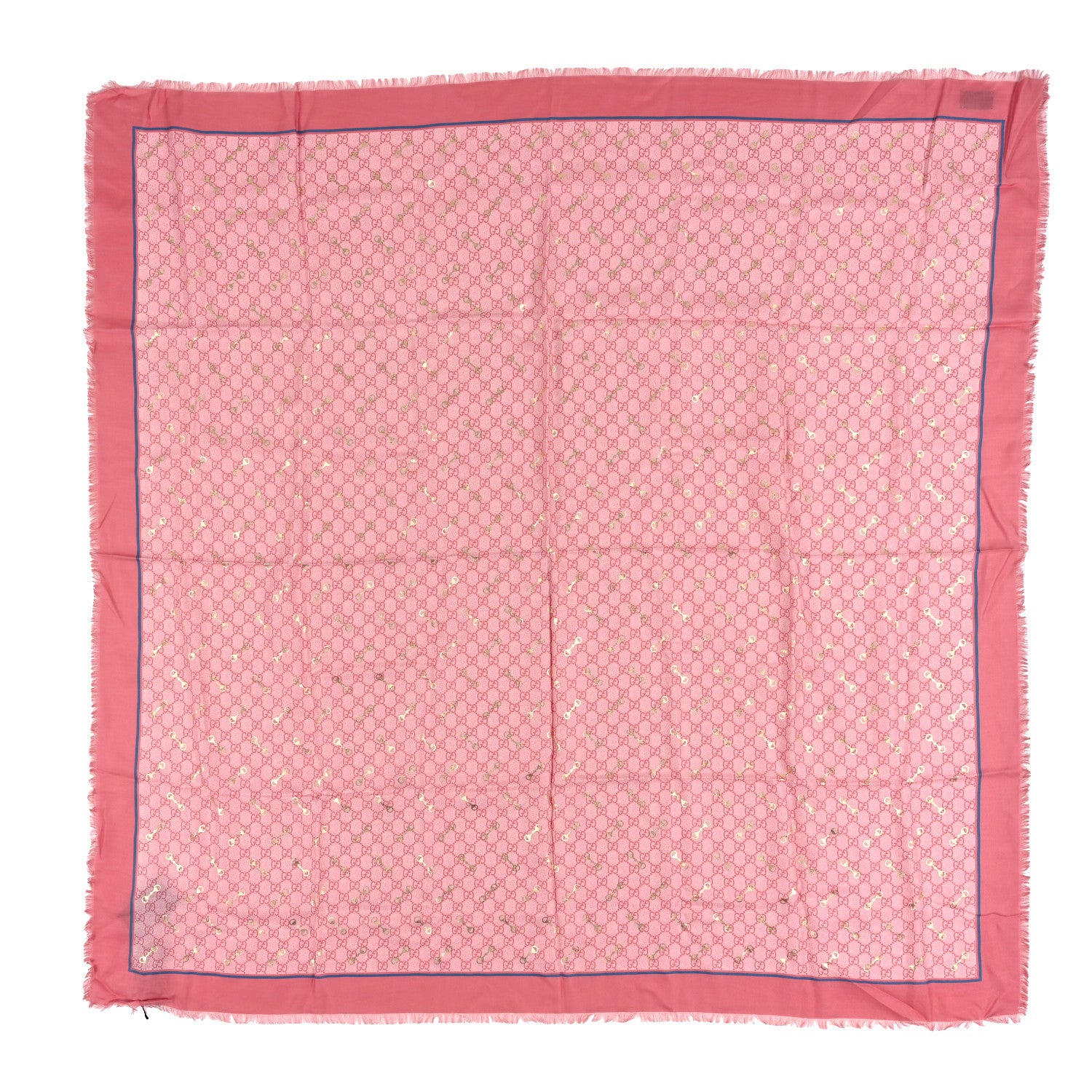 Gucci Modal Silk GG Monogram Big Gold Horsebit Fringe Shawl Pink Sky Blue 1 of 3