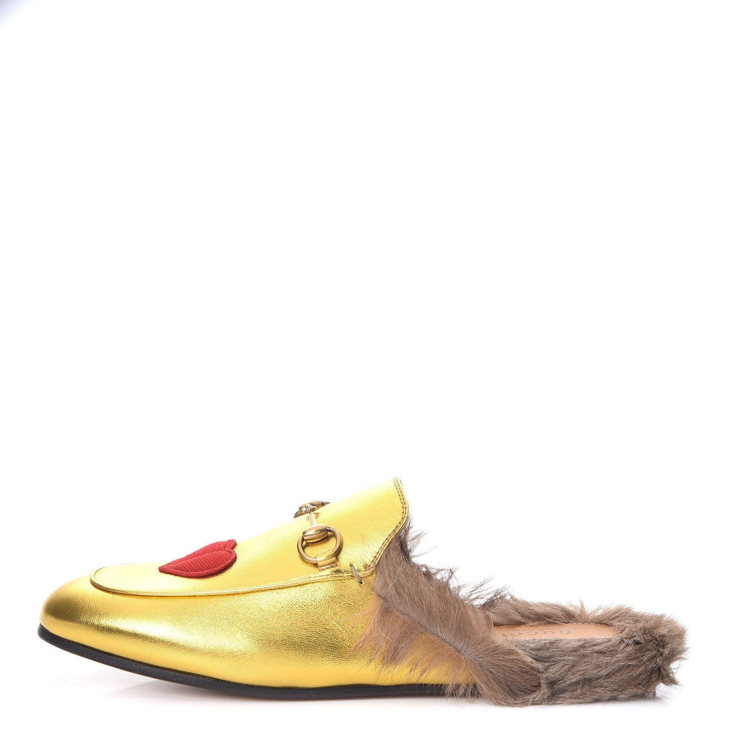 Gucci Metallic Nappa Fur Heart and Lips Womens Princetown Slippers 39.5 Gold 1 of 8