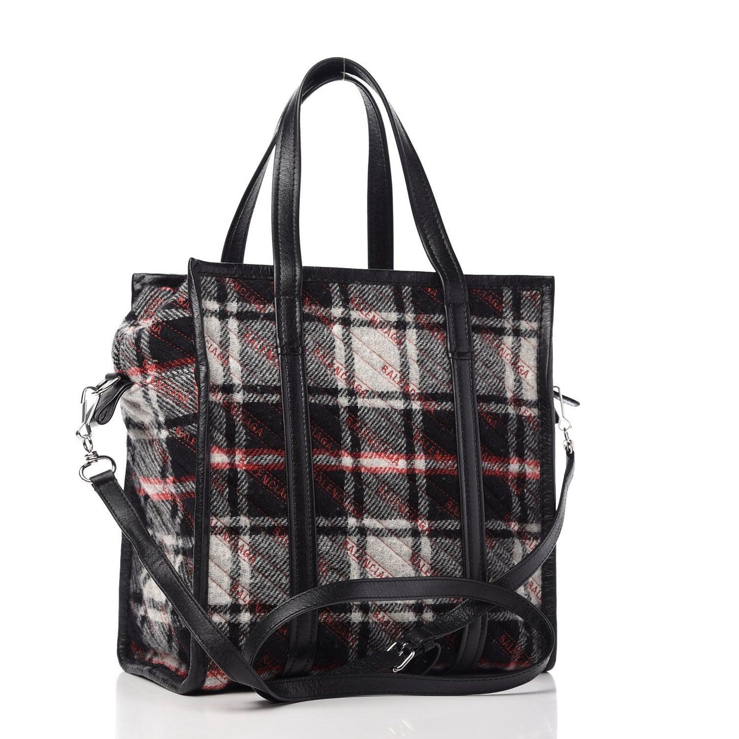 Wool Cuir Arena Plaid Diagonal Allover Logo Matelasse S Bazar Shopper Tote Black White Red