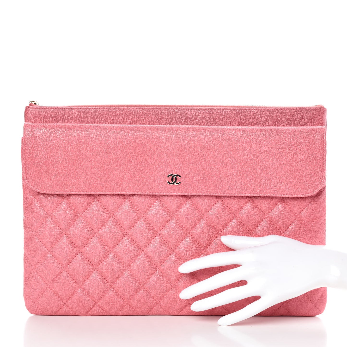 Iridescent Caviar Quilted Large Flap Cosmetic Case Pink