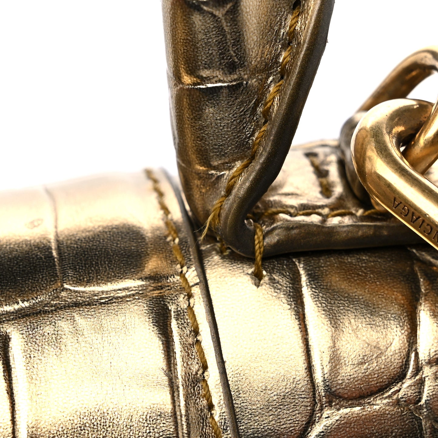 Metallic Calfskin Crocodile Embossed Hourglass Top Handle Bag XS Gold