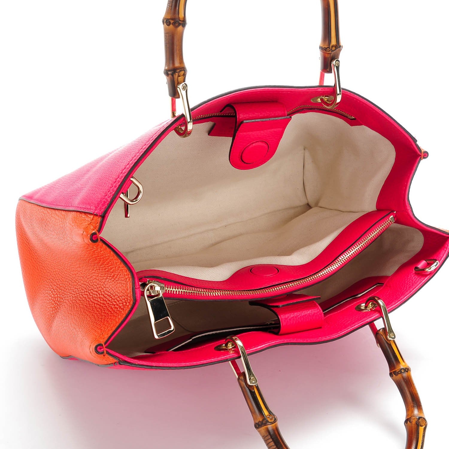Gucci Pebbled Calfskin Bi-Color Medium Bamboo Shopper Tote Fuchsia Orange 5 of 7