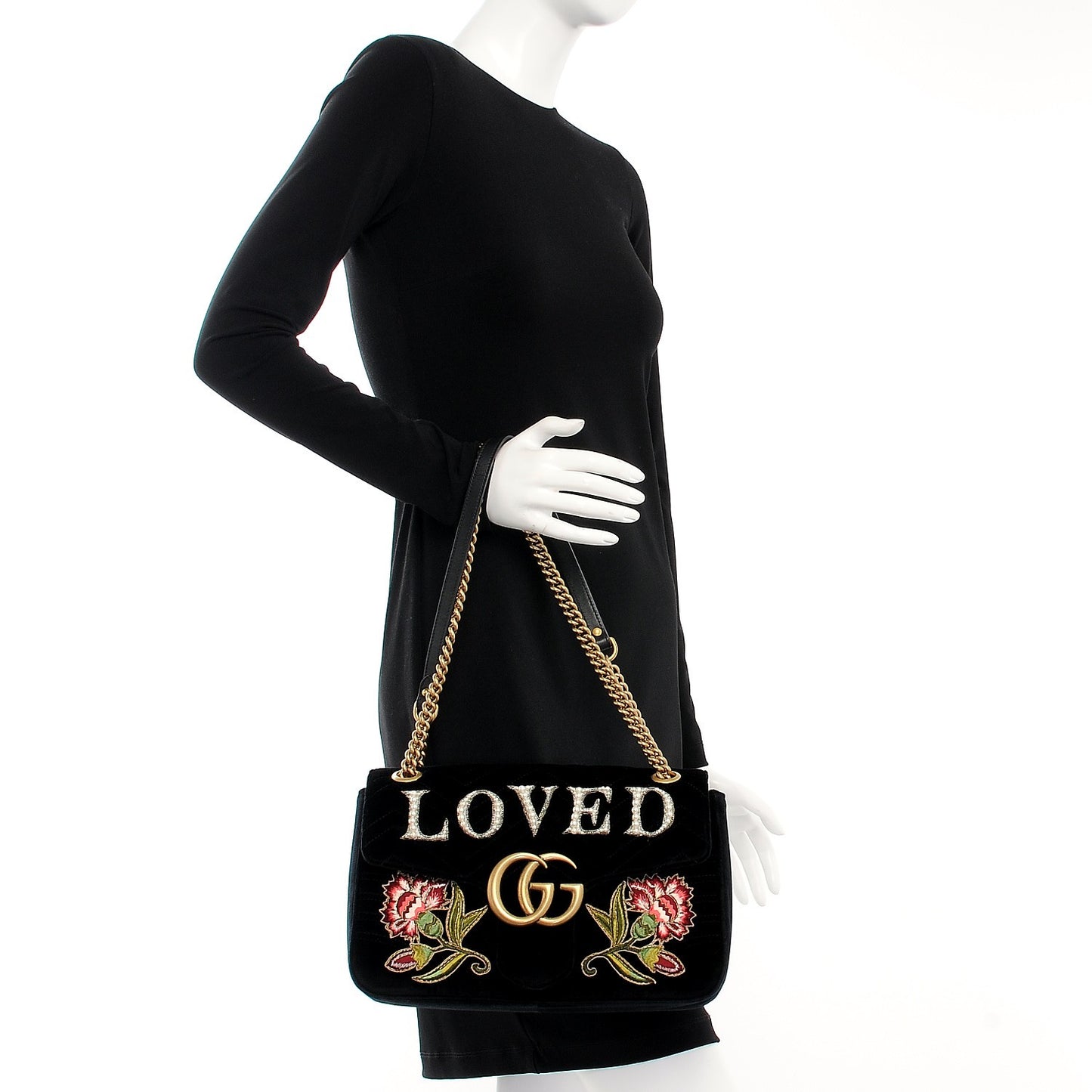 Velvet Matelasse Loved Embroidered Medium GG Marmont Shoulder Bag Black