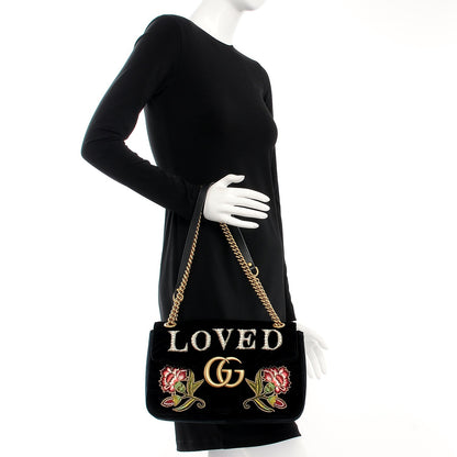 Gucci Velvet Matelasse Loved Embroidered Medium GG Marmont Shoulder Bag Black 2 of 7