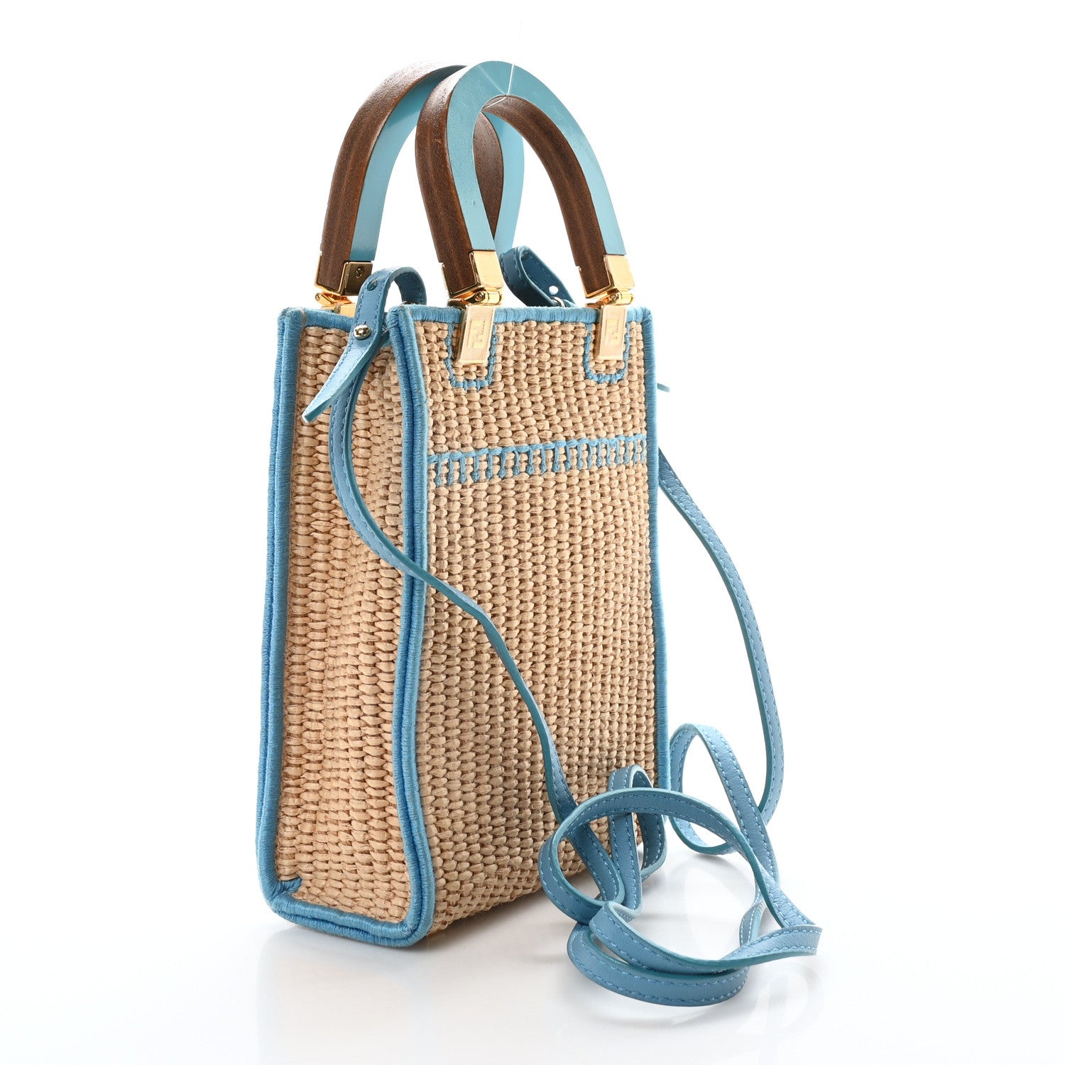 Fendi Straw Vitello Grace Cuoio Logo Braided Embroidered Mini Sunshine Shopper Natural Blue 3 of 10