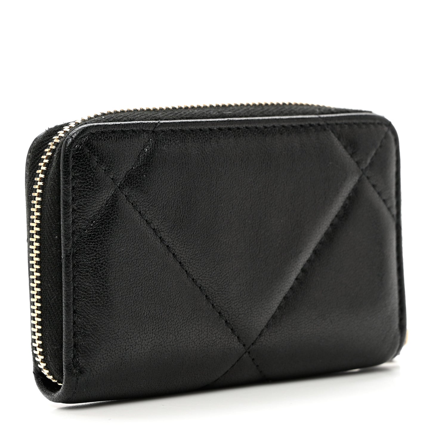 Shiny Goatskin Quilted Chanel 19 Zip Around Coin Purse Wallet Black
