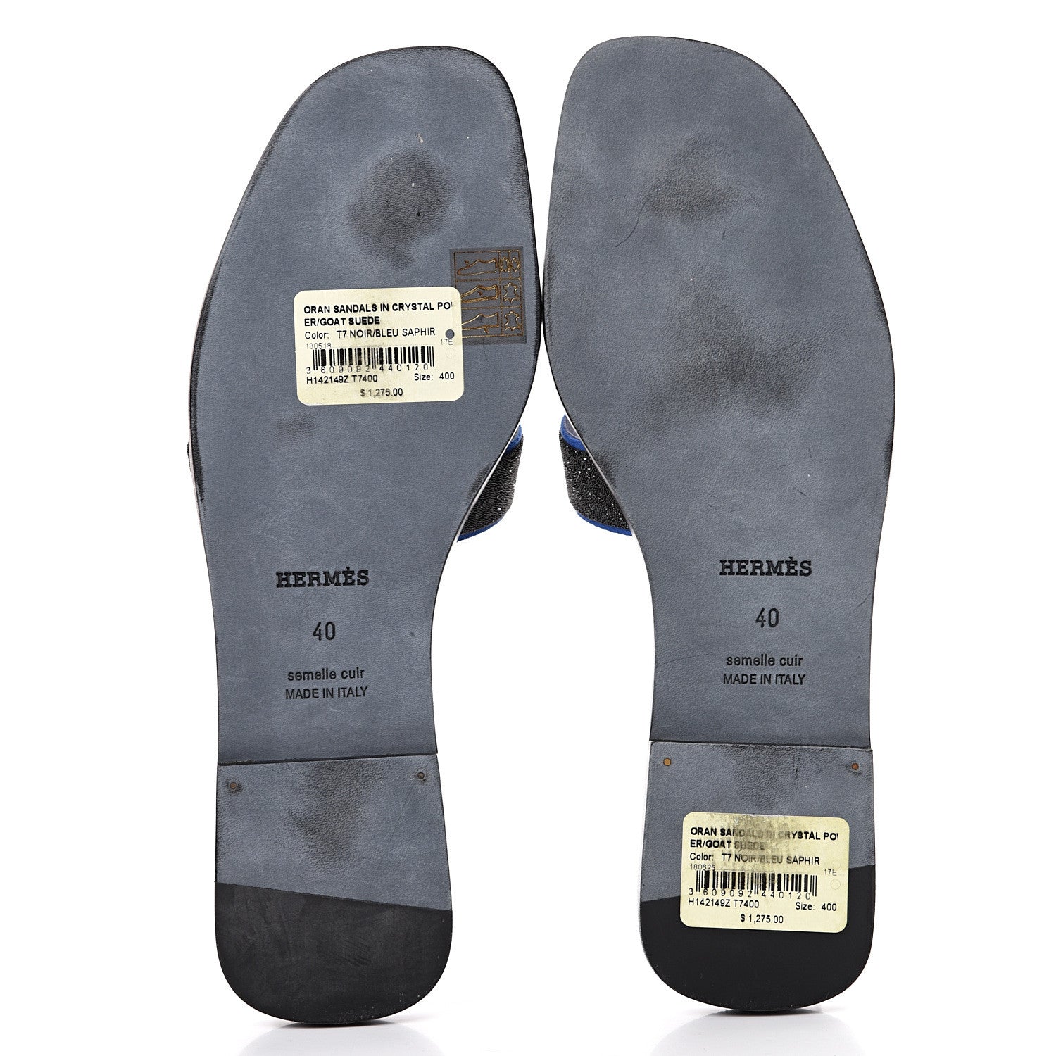 Hermes Suede Goatskin Crystal Powder Oran Sandals 40 Black Bleu Saphir 5 of 11