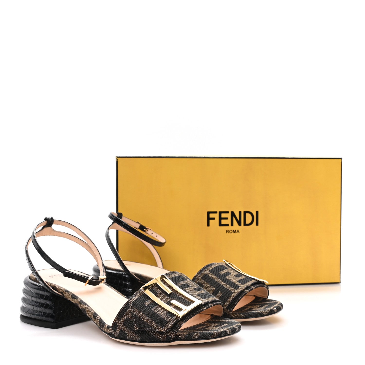 Fendi Jacquard FF Crocodile Embossed Promenade Ankle Strap Sandals 37.5 Tobacco 9 of 9