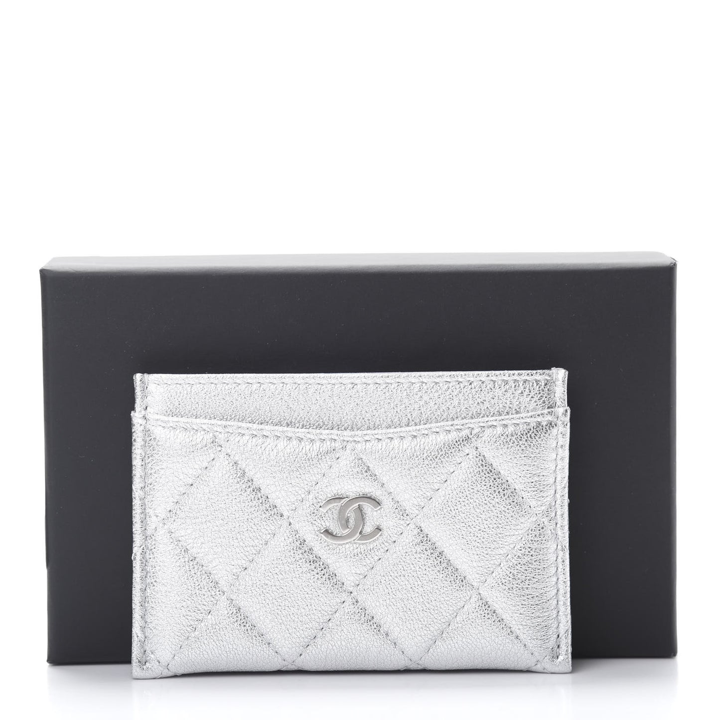 Metallic Lambskin Quilted Card Holder Silver