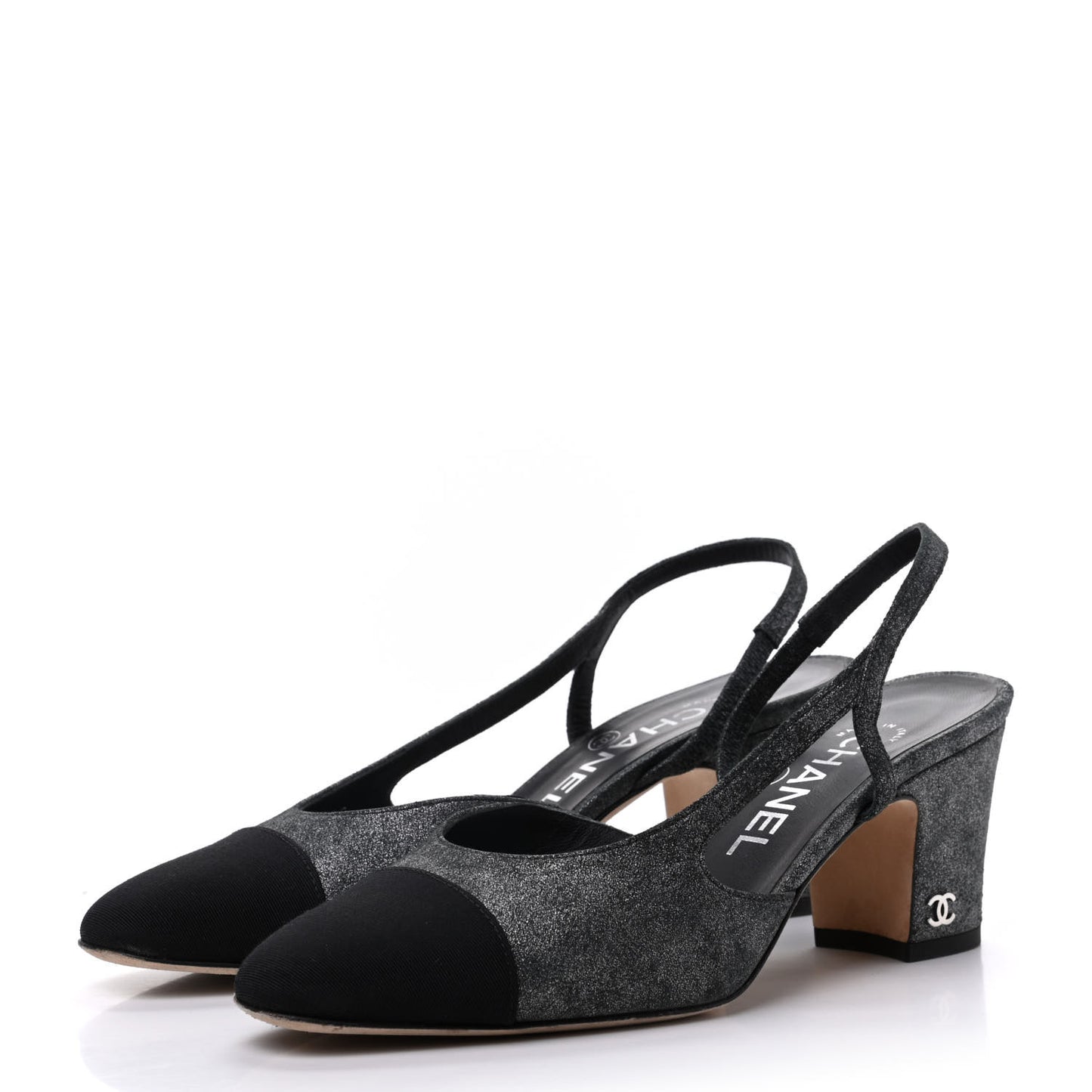 Lambskin Grosgrain Cap Toe CC Slingback Sandals 35.5 Black Silver