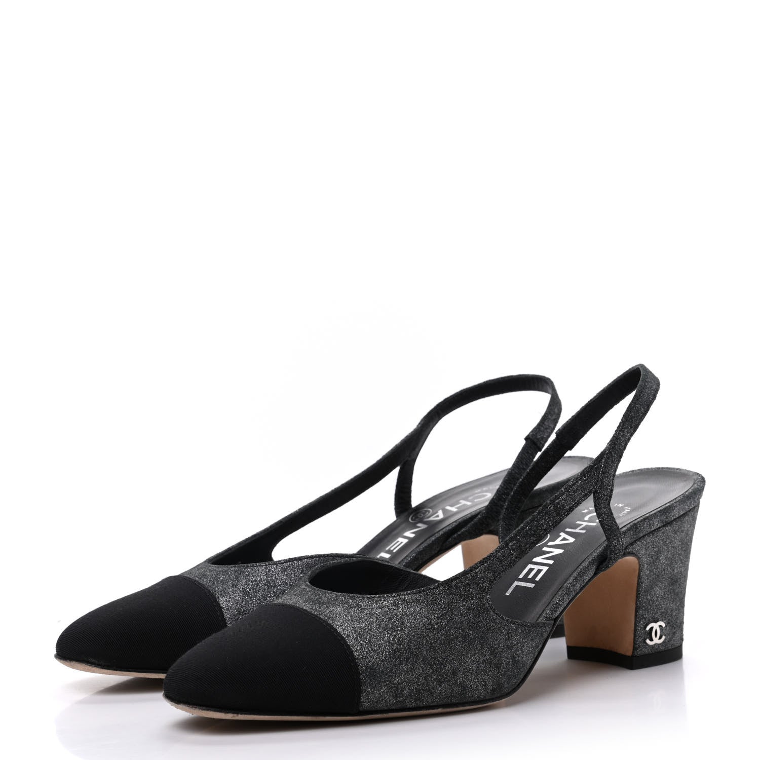 Chanel Lambskin Grosgrain Cap Toe CC Slingback Sandals 35.5 Black Silver 3 of 12