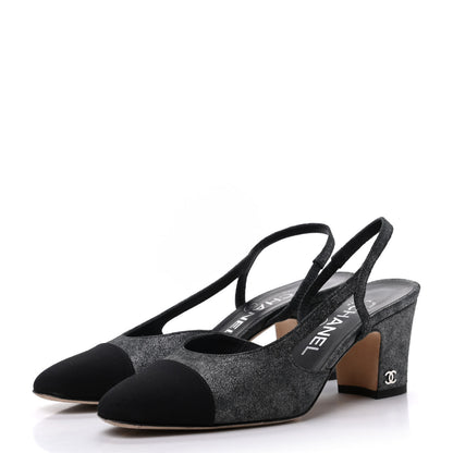 Chanel Lambskin Grosgrain Cap Toe CC Slingback Sandals 35.5 Black Silver 3 of 12
