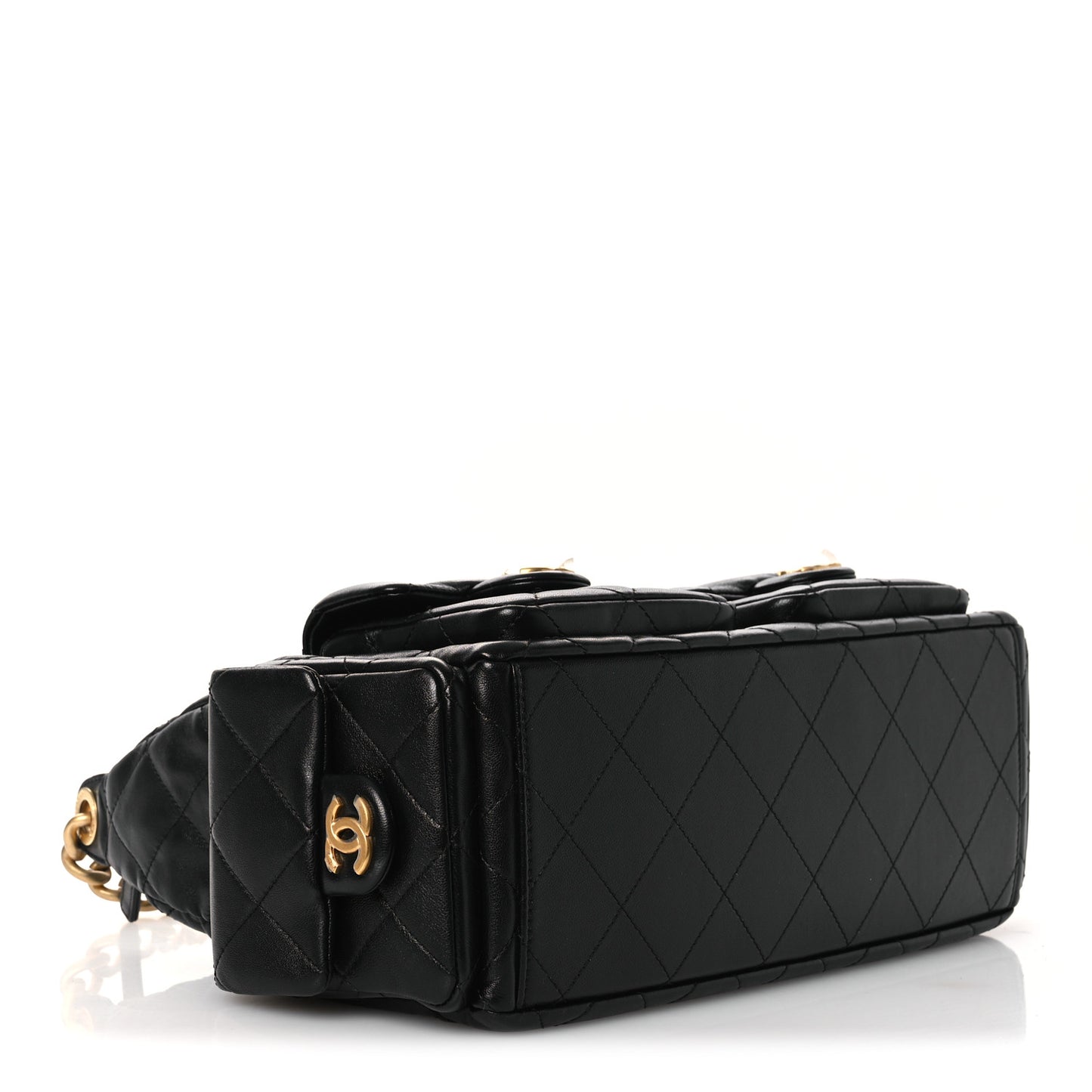 Shiny Lambskin Quilted Trendy Pockets Hobo Black