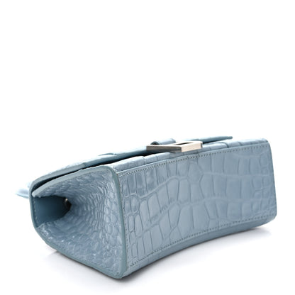 Balenciaga Shiny Calfskin Crocodile Embossed Hourglass Top Handle Bag XS Blue Grey 3 of 8