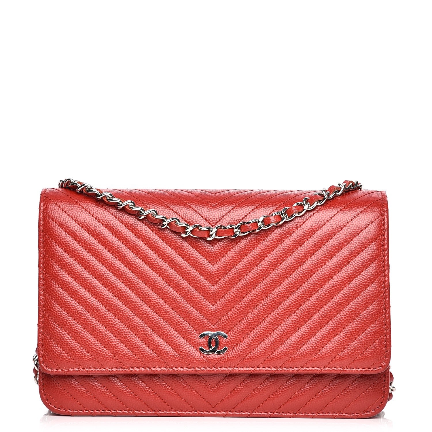 Chanel Caviar Chevron Quilted Wallet On Chain WOC Red 1 of 8