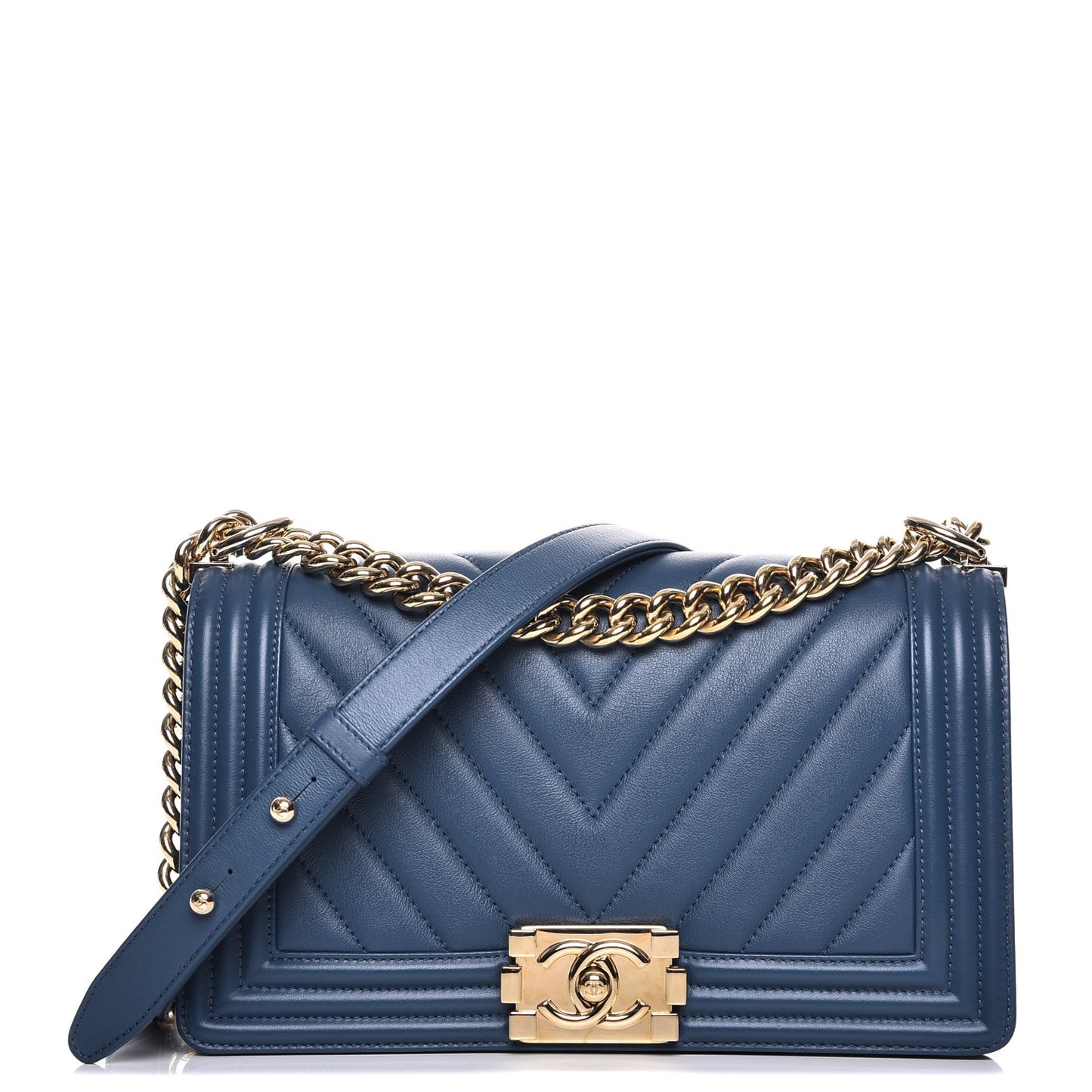 Calfskin Chevron Quilted Medium Boy Flap Blue