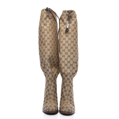Gucci Monogram Malaga Kid Lisa Mid Heel Boots 40 Beige Ebony 2 of 7