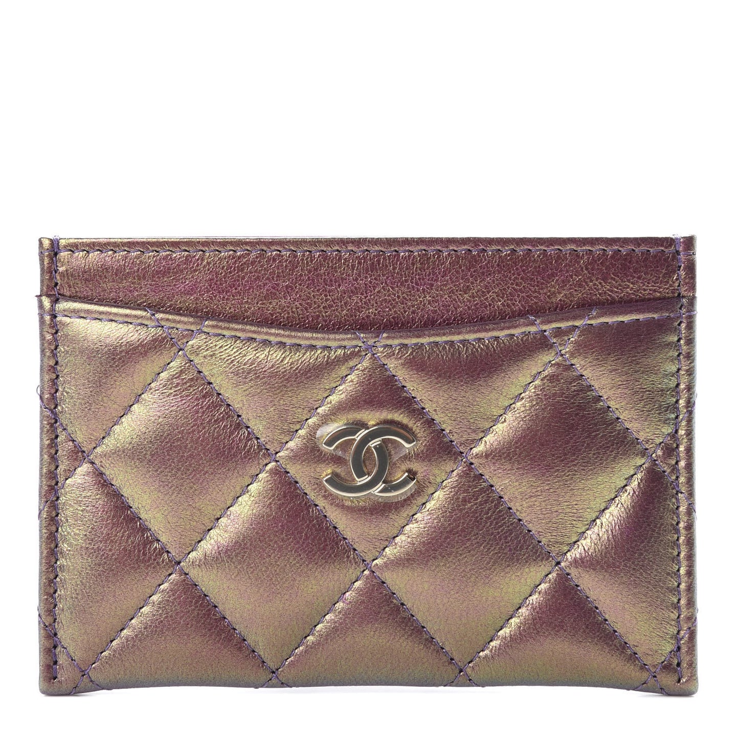 Metallic Lambskin Quilted Card Holder Purple
