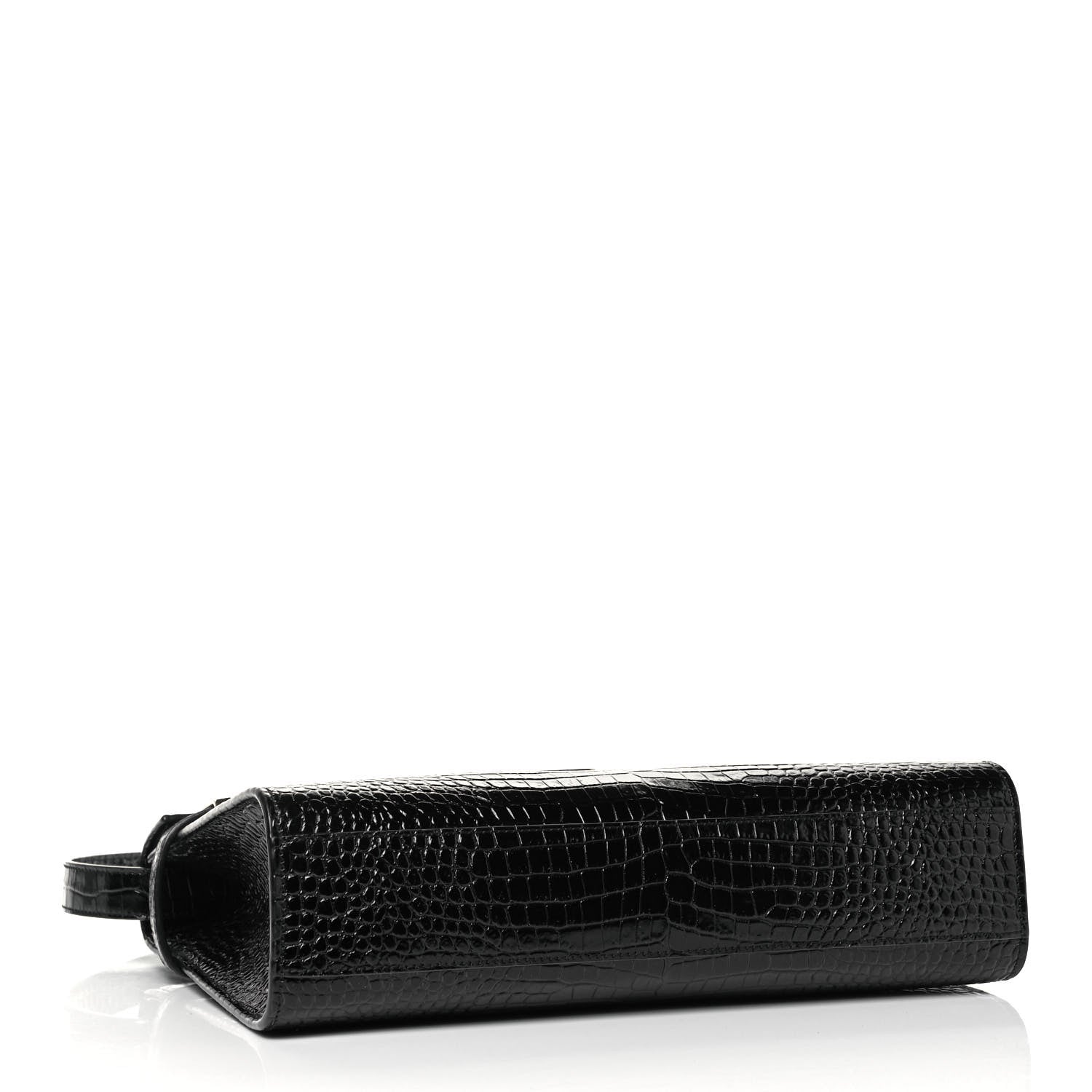 Saint Laurent Shiny Calfskin Crocodile Embossed Manhattan Baguette Black 4 of 10