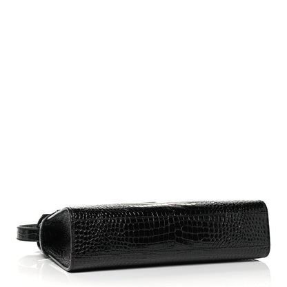Saint Laurent Shiny Calfskin Crocodile Embossed Manhattan Baguette Black 4 of 10