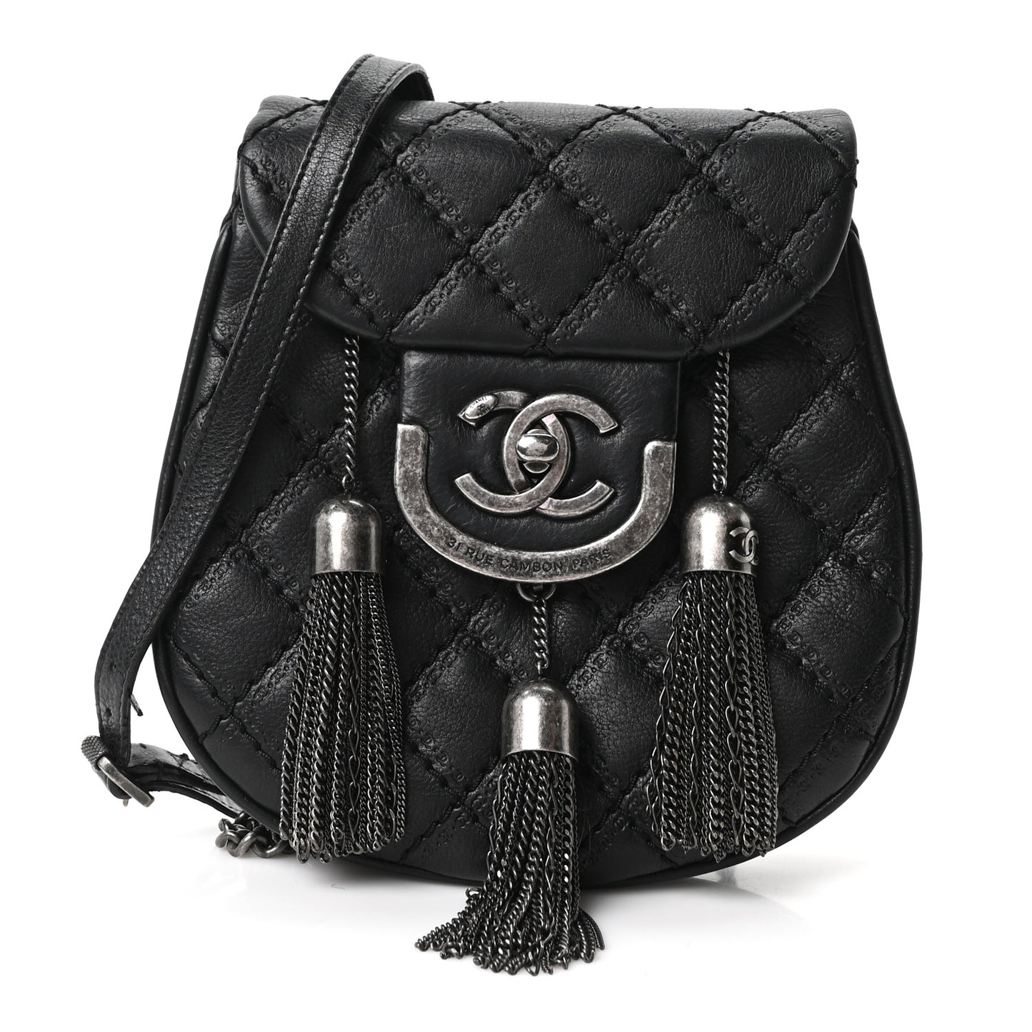 Calfskin Quilted Coco Sporran Small Tassel Flap Black
