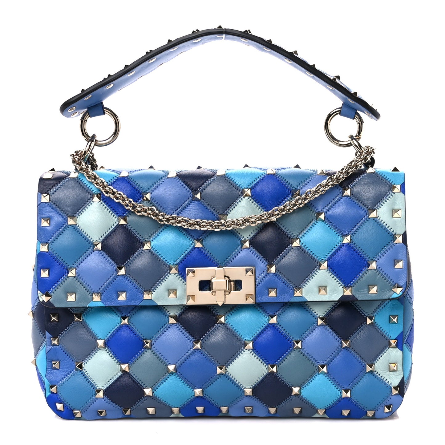 Lambskin Patchwork Medium Rockstud Spike Shoulder Bag Angel Blue