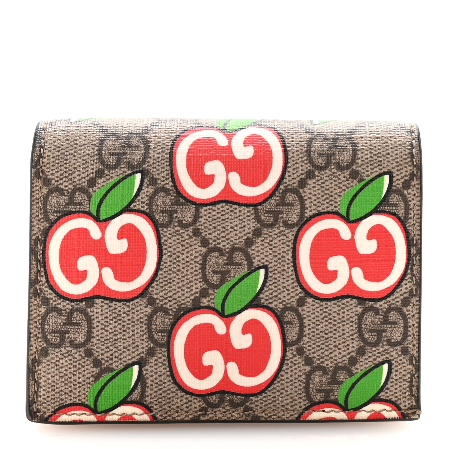 GG Supreme Monogram Apple Card Case Wallet Beige Multicolor Lobster Red